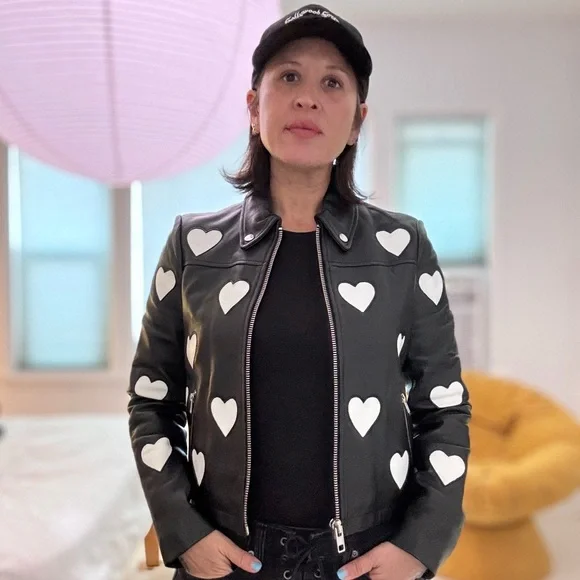 Maje Black Leather Jacket with White Heart Accents - Picture 4 of 6